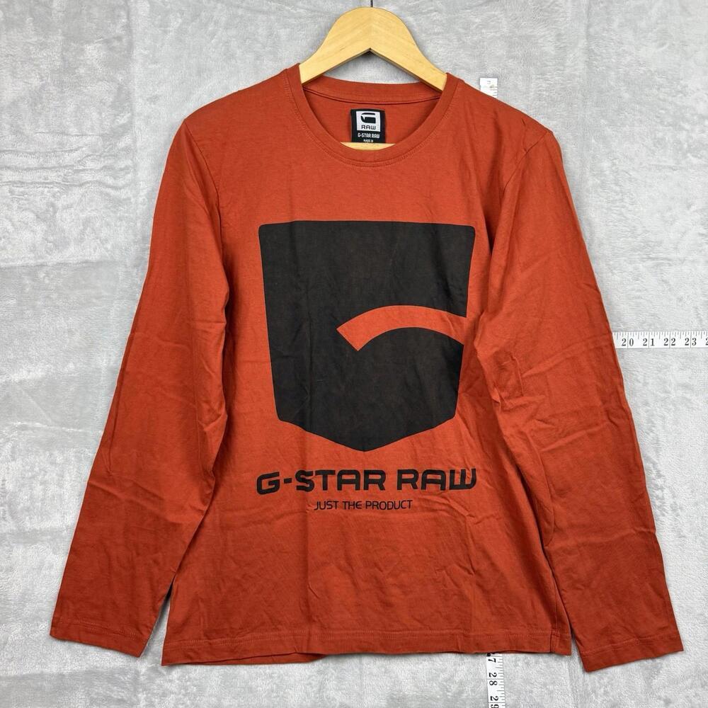 G-Star Raw Mens Long Sleeve T-Shirt Logo Spellout Orange Size Large Retro Casual